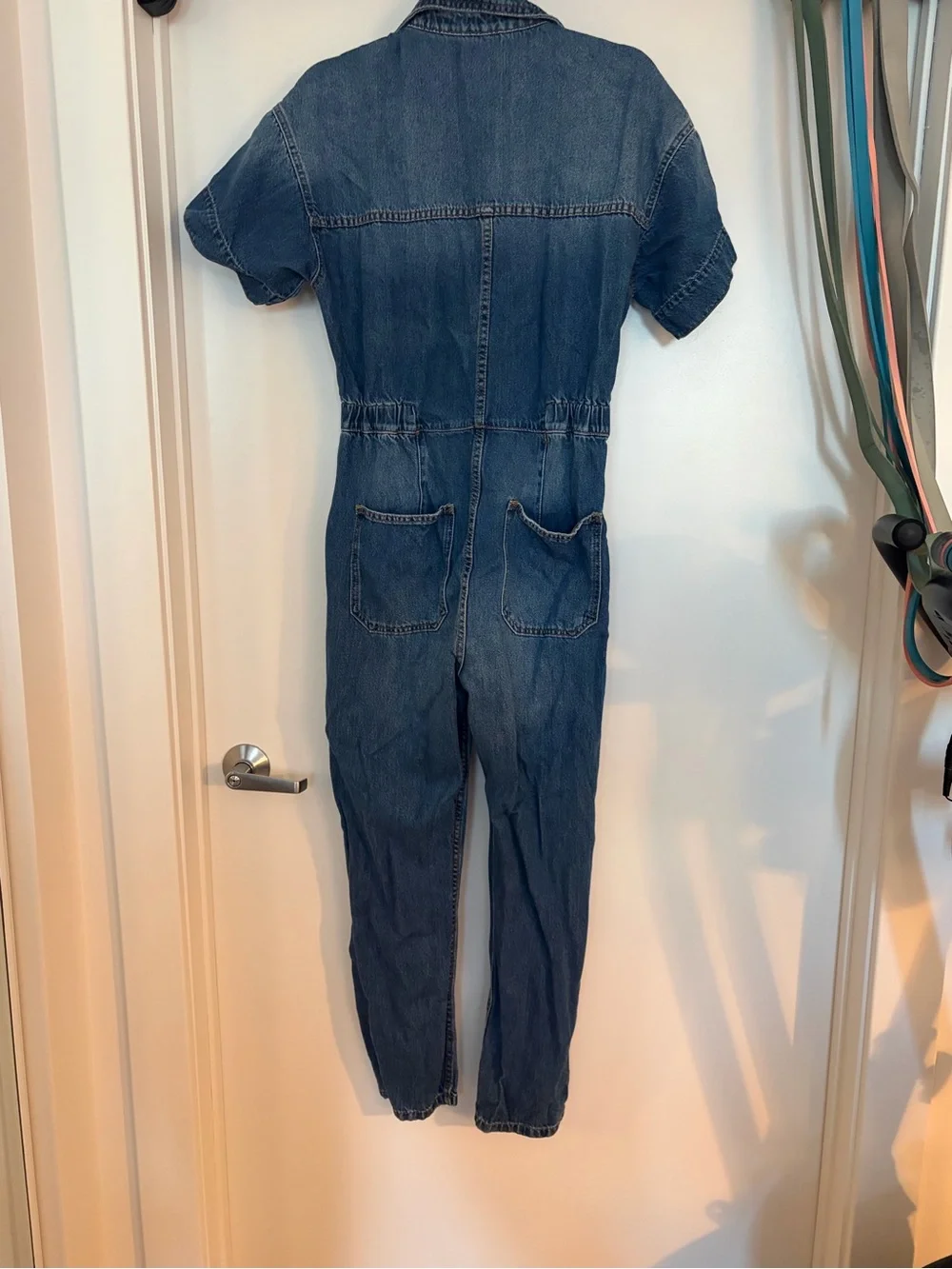 Free People 100% Cotton Denim Short Sleeve Jumpsuit (straight leg)